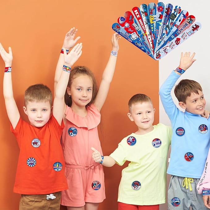 113 PCS Hockey Party Favors Set ,41 Hockey Stickers, 12 Goodie Bags,12 Button Badges,12 Slap Bracelets, 12 Balls, 12 Pencils, 12 Keychains for Ice Hockey Sports Party Birthday Gift Supplies