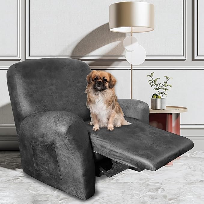 Leather Like Recliner Chair Covers Heavy Duty, 4 Pieces Lazy Boy Recliner Cover for Recliner Chair, Leather Cover for Recliner slipcovers Washable for Pets (Light Grey 2)
