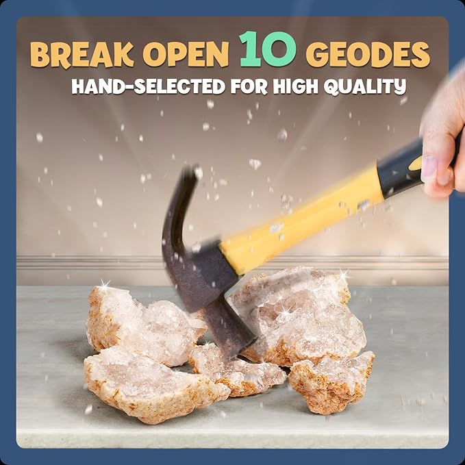 XXTOYS Break Open 10 Premium Geodes with Crystals – Great STEM Science Gift for Mineralogy & Geology Enthusiasts of Boys and Girls for Any Age - Includes Goggles, Learning Guide & 2 Display Stands