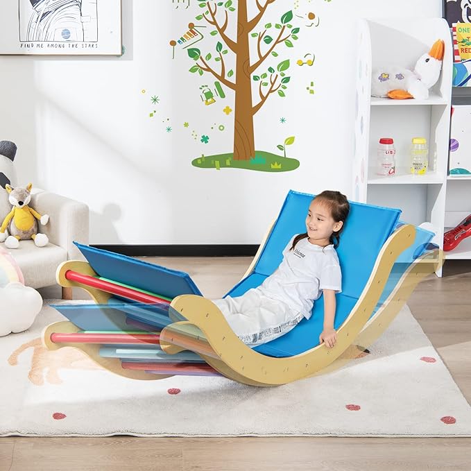 HONEY JOY Wooden Ladder Arch for Climbing, 3 in 1 Kids Climber Ladder & Rocker Board w/Cushion Pad, Toddler Climbing Toy Set for Playground, Gym & Daycare, Gift for Boys Girls(Colorful)