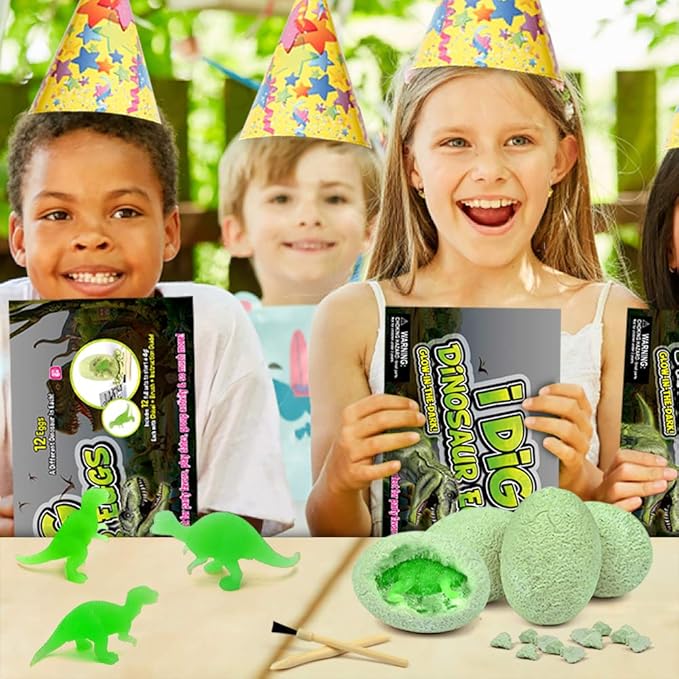 XXTOYS Luminous Dinosaur Eggs Dig Kit Glow-in-The-Dark Dinosaur Eggs 12 Dinosaur Excavation Kits with 12 Unique Dinosaur Toys Dinosaur Dig for Kids Archaeology Educational Science Gift