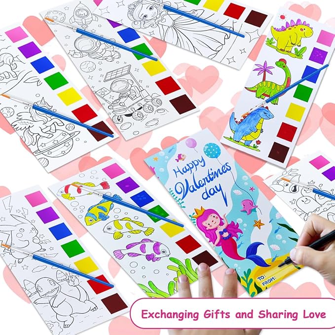 JUNQIU 24 Pack Valentines Day Cards For Kids School, Watercolor Coloring Book Set, Valentines Day Gifts For Kids Classroom Exchange, Paint Party Favors Valentines Crafts