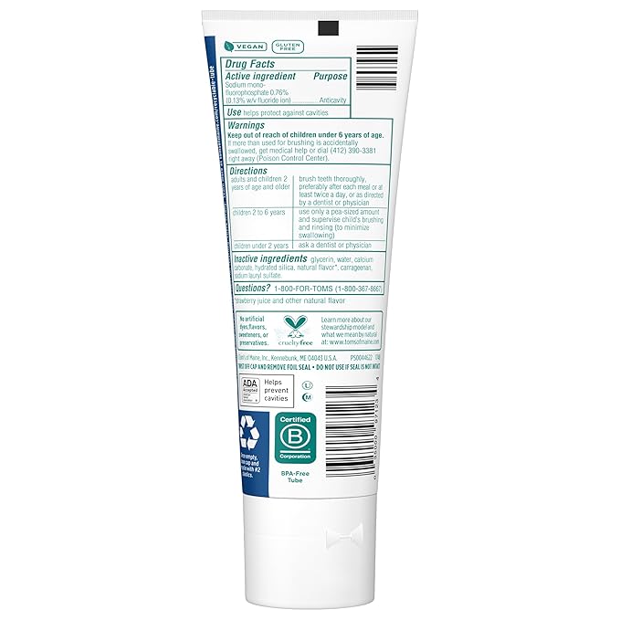 Tom's of Maine ADA Approved Fluoride Children's Toothpaste, Natural Toothpaste, Dye Free, No Artificial Preservatives, Silly Strawberry, 5.1 oz. 3-Pack (Packaging May Vary)