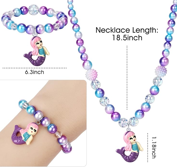 Girls Jewelry Mermaid Necklace Bracelet Ring Set Dress up Pretend Play Jewelry Gifts Kids Toddler Mermaid Party Costume Jewelry Supplies