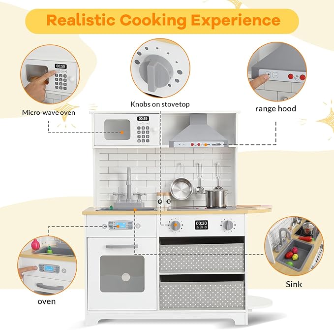 Play Kitchen for Kids, Wooden Kitchen Toy Playset with Stove, Oven, Sink and 17 Pcs Toy Food & Cookware Acces, Pretend Play Kitchen with 2 Fabric Drawers for Toddlers, Preschoolers Age 3+ Years, White