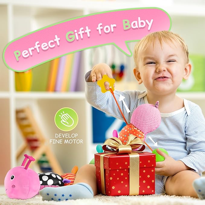 Tummy Time Baby Toys Sensory Musical Animal Stuffed Car Seat Toy for Infant 0-3-6-12 Months Newborn, Plush Caterpillar with Mirror,Crinkle,Rattle Teething Toys for Baby Boys Girls Shower Gifts, Pink