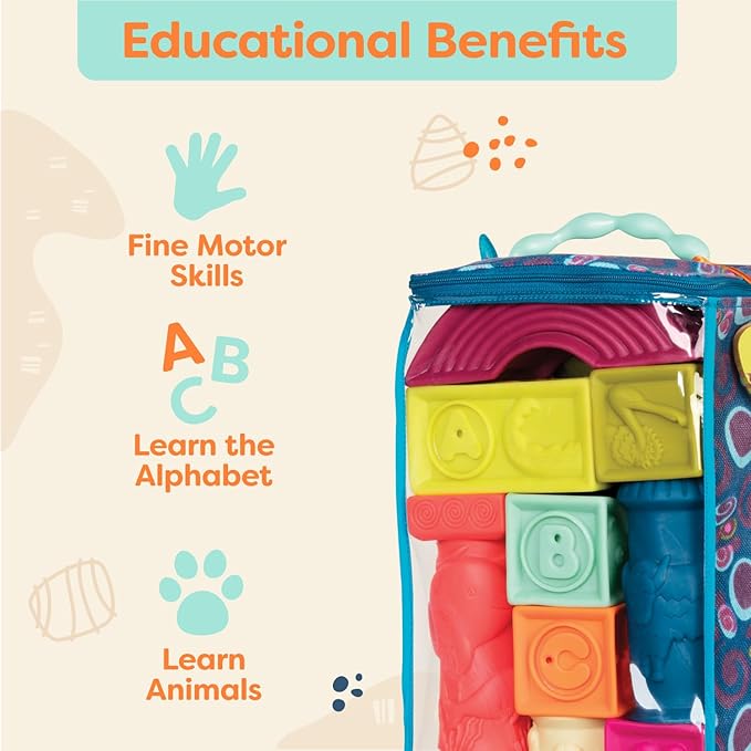 B. toys- B. baby- Elemenosqueeze- Baby Blocks- 26 Soft Sort & Stack Blocks With Alphabet – Architectural Building Blocks – Shapes, Letters & Animals – 6 Months +