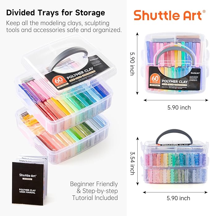 Shuttle Art Polymer Clay, 60 Colors Oven Bake Modeling Clay, Creative Clay Kit with 19 Clay Tools and 16 Kinds of Accessories, Non-Toxic, Non-Sticky, Ideal DIY Art Craft Clay Gift for Kids Adults
