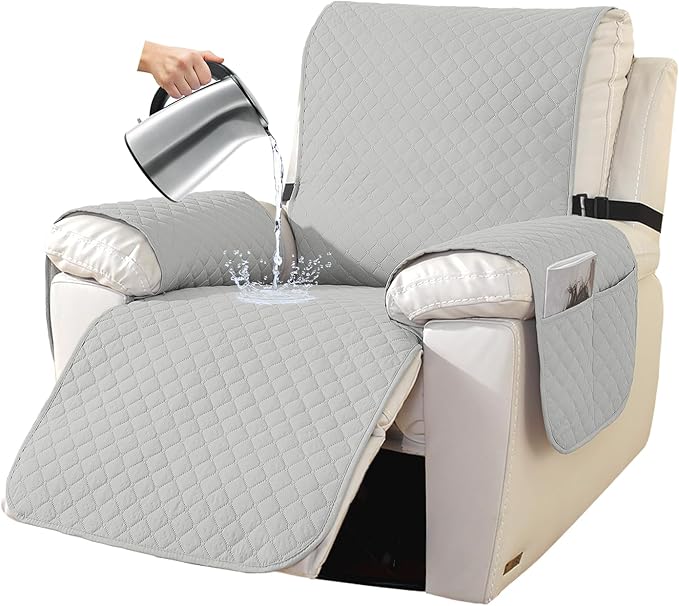 XINEAGE Water Resistant Recliner Cover, Nonslip Recliner Chair Covers for Reclining Chair with Pockets, Quilted Thick Recliner Slipcovers for Pets and Kids (Recliner Chair, Light Gray)