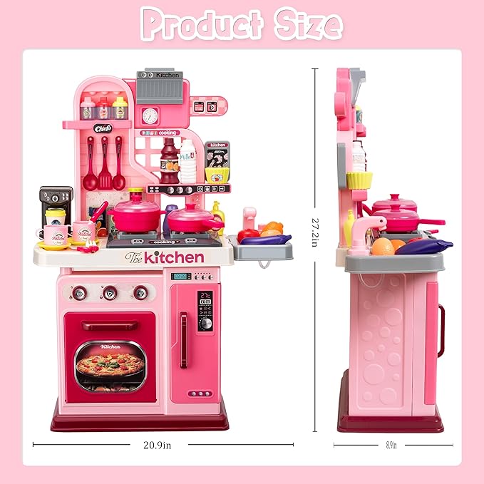 Kids Kitchen Playset-53pcs Cooking Stove,Paly Sink,Oven,Kitchen Toys with Realistic Lights&Sounds,Pretend Play Toys,Kitchen Toys for Toddlers 1 2 3 (Pink)