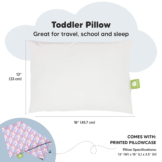 Toddler Pillow with Pillowcase - 13x18 My Little Dreamy Pillow, Organic Cotton Toddler Pillows for Sleeping, Kids Pillow, Travel Pillows, Mini Pillow, Nursery Pillow, Toddler Bed Pillow (Unicorn)