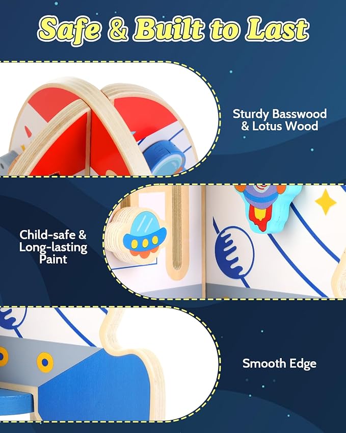 Baby Space Rocket Wooden Activity Cube Montessori Toys, 6-in-1 Sensory and Educational Learning Toys with Bead Maze Abacus, STEM Developmental Birthday Gifts for Toddler Boy Girl Ages 2 3 4