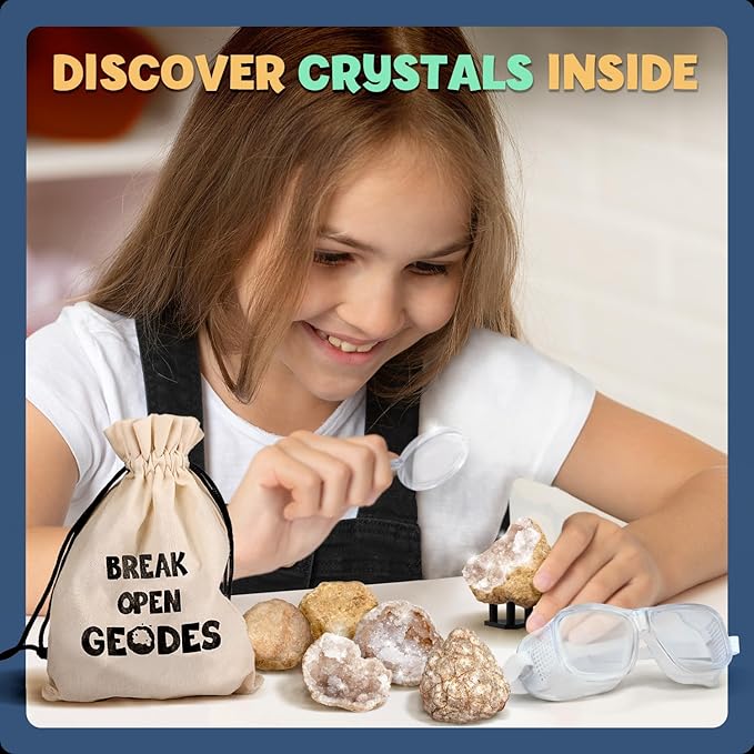 XXTOYS Break Open 10 Premium Geodes with Crystals – Great STEM Science Gift for Mineralogy & Geology Enthusiasts of Boys and Girls for Any Age - Includes Goggles, Learning Guide & 2 Display Stands