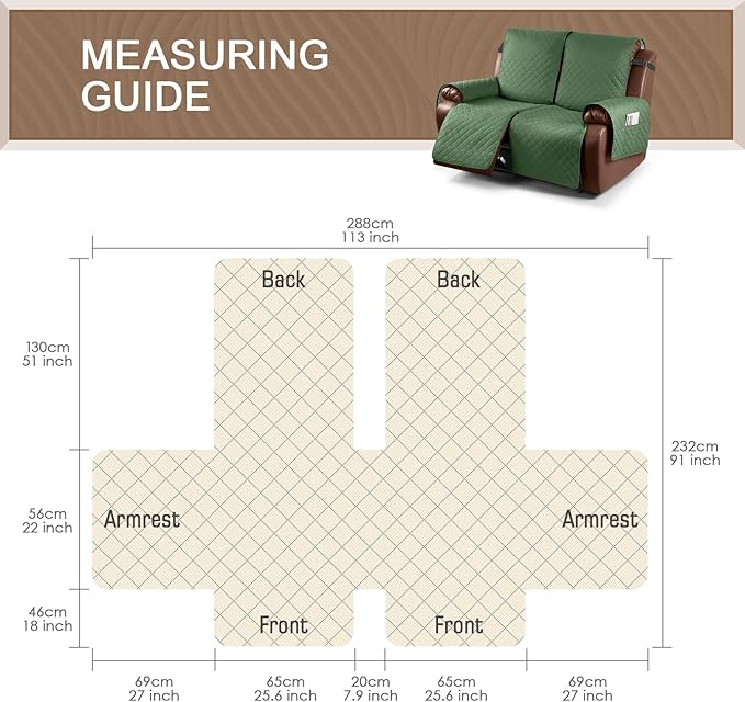 KinCam Waterproof Loveseat Recliner Cover, Non-Slip Reclining Couch Covers for 2 Seat, Recliner Sofa Cover Furniture Protector with Elastic Straps for Kids, Pets, Vine Green