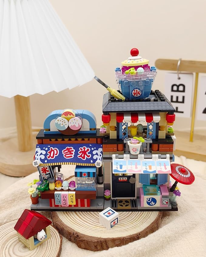 Japanese City Street View Shaved Ice Store Building Blocks Set, Ice Cream Shop MOC Creative House, Simulation Architecture Construction Toy, Gifts Idea for Kids Adults (Mini Blocks 668 pcs)