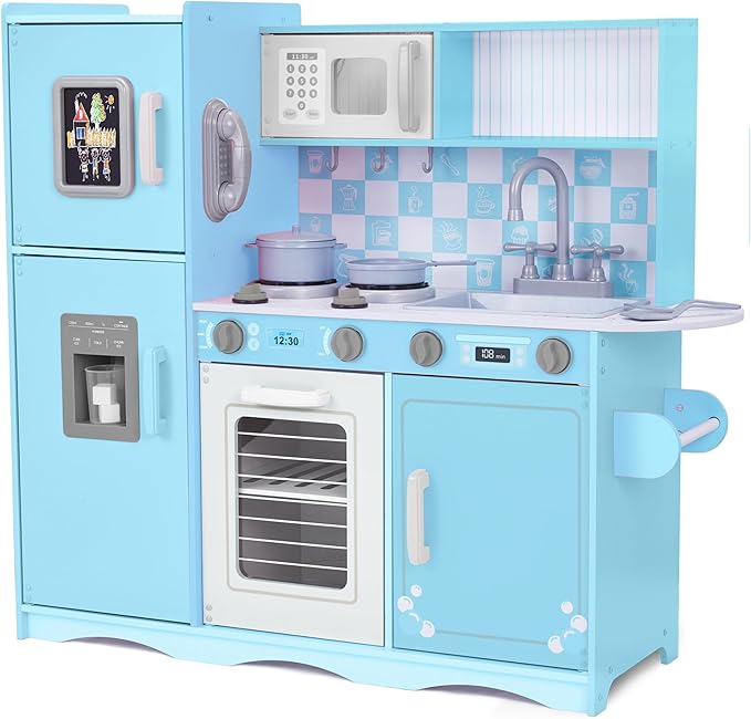 Lil' Jumbl Kids Kitchen Set, Pretend Wooden Play Kitchen with Chalk Board, Play Phone, Towel Rack & Ice Dispenser, Clicking Knobs, Pots & Utensils Included - Blue
