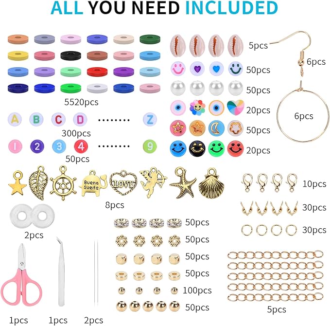 Clay Beads Bracelet Making Kit, 6500 Pieces, 24 Colors, Preppy Beads with Charms, DIY Jewelry Crafts for Kids 6-13