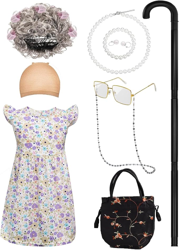 11Pcs 100 Days of School Old Lady Costume for Kids, elderly outfit for Girls, Wig Cane Cosplay Accessories Blue, S