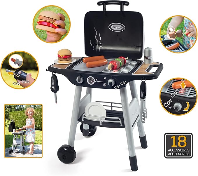 Smoby: BBQ Plancha Grill - Black, 18-Piece Accessory Playset - Realistic Cooking, Turn The Button & See Flames Appear, 19.69x14.57x28.43, Kids Age 3+