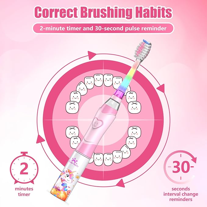 Kids Electric Toothbrush Toddler Toothbrush Age 2-4-8-12 Electric Toothbrush Kids with Timer Rainbow LED Light Up Vibrating Toothbrush Battery Operated Childrens Sonic Tooth Brush (Pink Unicorn)