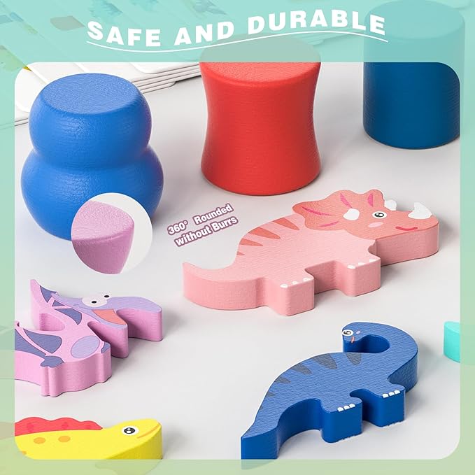 Montessori Dinosaur Toys for 1 2 3 4 Year Old Toddlers, Preschool Education Toys for Ages 2-4 Boys Girls Kids, Wooden Dinosaur Blocks Sorting & Stacking & Balance Toys, Educational Birthday Gift