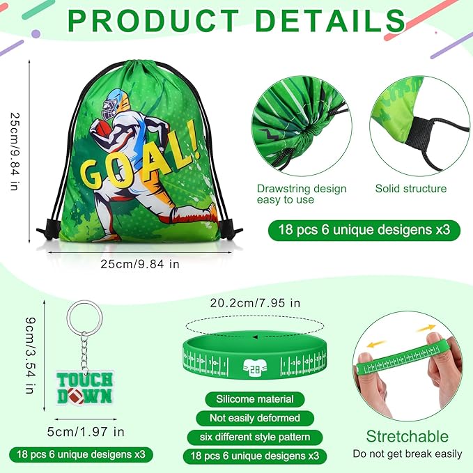 Sadnyy 140 Pcs Football Party Favors Birthday Party Decorations Supplies Drawstring Bags with Silicone Bracelets Keychains Straws Button Pins Stickers for Classroom Rewards Goodie Bags Stuffers