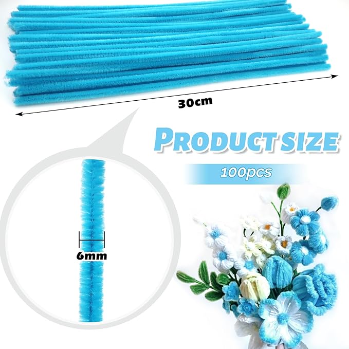 TOAOB 100pcs Pipe Cleaners Light Blue Pipe Cleaners Chenille Stems 6mm x 12 Inch Fuzzy Sticks Crafts Supplies for DIY Art Crafts Decorations