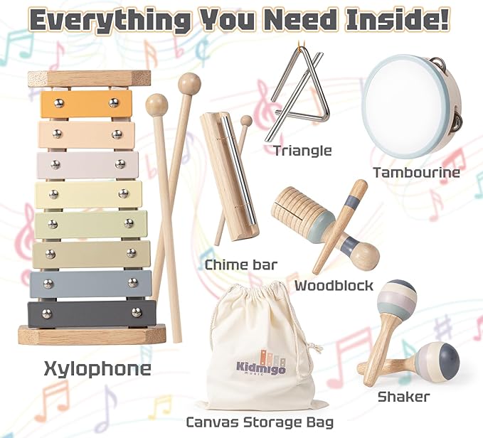 Toddler Musical Instruments 7 in 1 Wooden Xylophone Maracas Baby Sensory Musical Kids Montessori Toys with Canvas Storage Bag