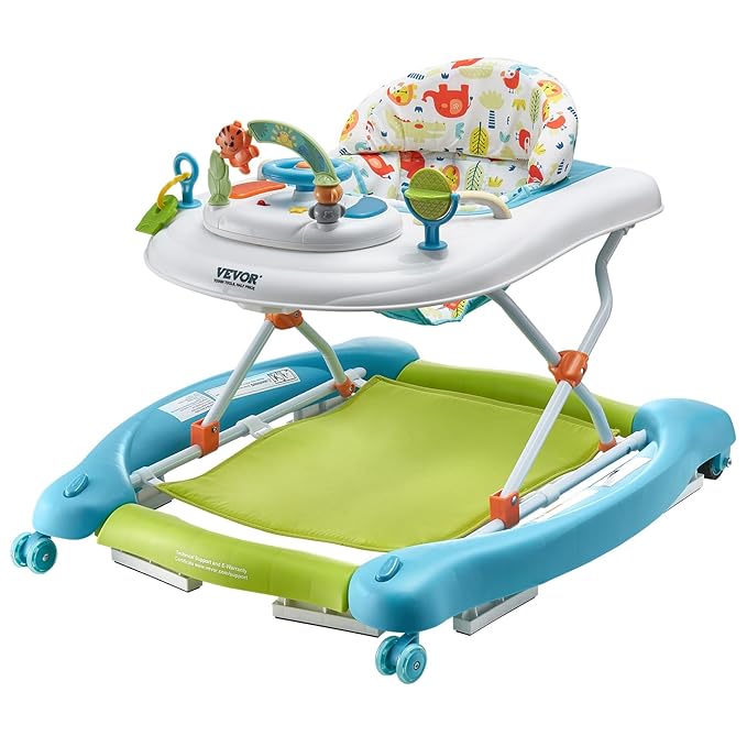 VEVOR 4-in-1 Baby Walker, Folding Baby Activity Center with Wheels, 3 Adjustable Height, Music & Toys Tray, Learning-Seated | Walk-Behind | Rocker | Bouncer Toddler Walker for Girls Boys 6-24 Months