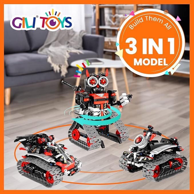GILI Robot Building Remote Control Gift STEM Building Kit for Boys 8-12 - 3 in 1 Educational Toys for 6 7 8 9 10 11 12 + Year Old Boys Birthday Gifts for Kids - Tracked Racer Car Tank Robotics