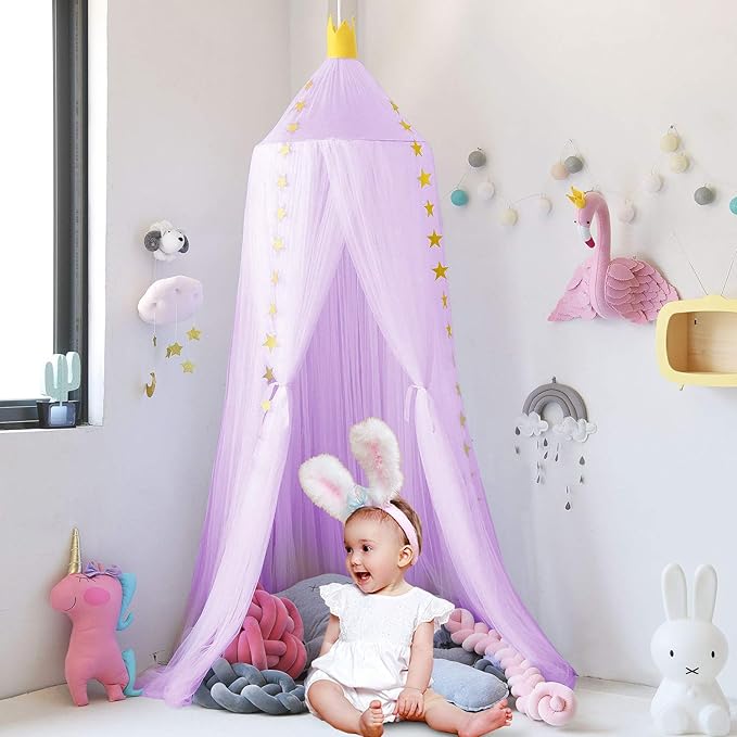 Jolitac Princess Bed Canopy for Girls Room Decor Round Lace Mosquito Net Play Tent Reading Nook Canopies Yarn Girl Dome Netting Castle (New Purple)