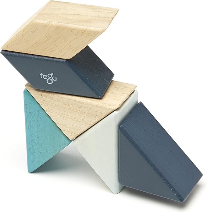 6 Piece Tegu Pocket Pouch Prism Magnetic Wooden Block Set, Blues