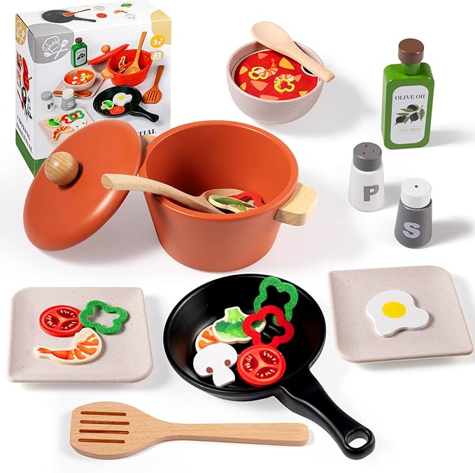 OMYBaby Wooden Play Kitchen Accessories Set for Toddlers, 25PCS Cooking Playset Food Toys with pots & Pans, Melissa and Doug Pretend Play Kitchen Toys Gift for Kids 3Y+