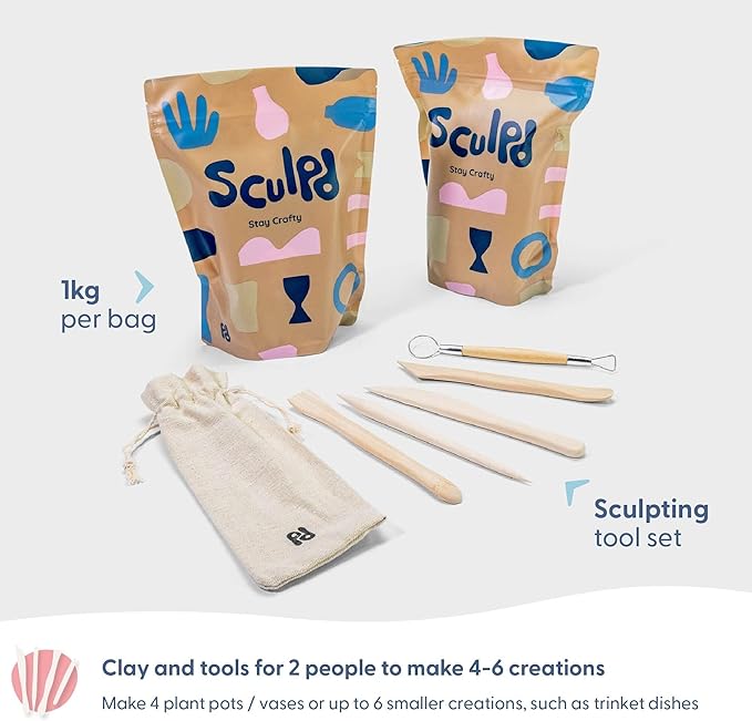 Sculpd - The Original Pottery Starter Kit - Complete Air Dry Clay + Painting Beginner Set for 2 Adults: Includes Sculpting Tools, Acrylic Paint, Brushes, Easy Guide, Video Tutorial & More