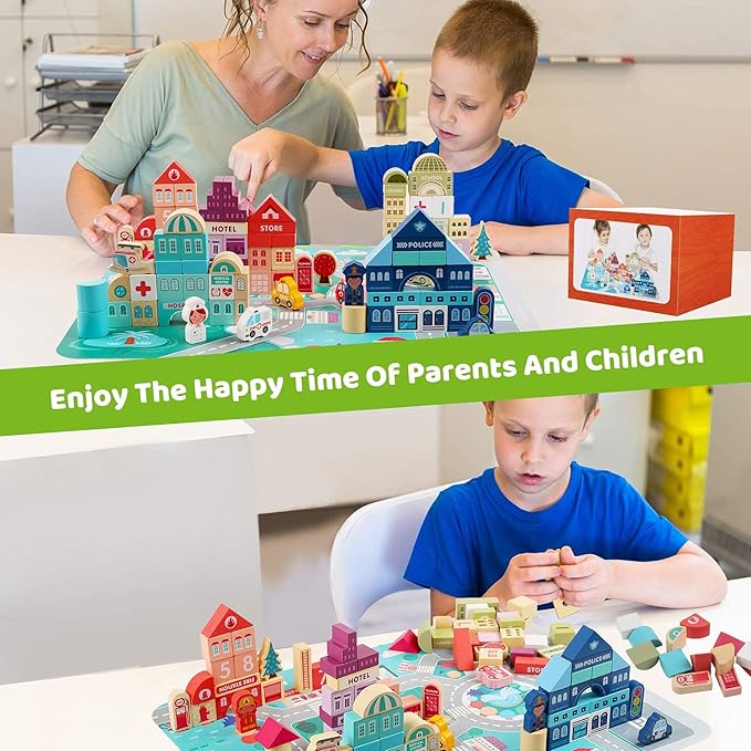 Wooden Building Blocks for Toddlers, Kids City Construction Stacking Creative Toys, Preschool Learning Education Block for Boys Girls Ages 2 3 4 5 (120 pcs)