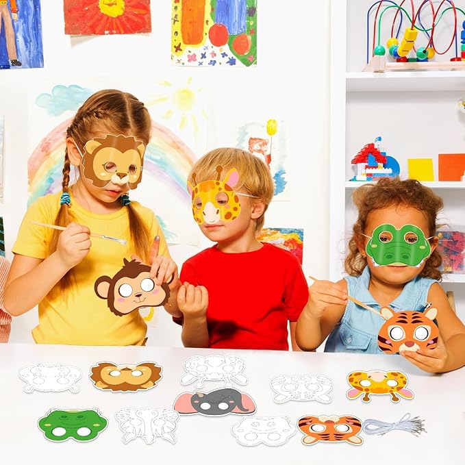 36Sets Animal Coloring Mask Jungle Animal Crafts for Kids Color Your Own Paper Mask Easy DIY Wild Lion Masquerade Birthday Party Dress-Up Decoration Favor School Classroom Activity Game Supplies