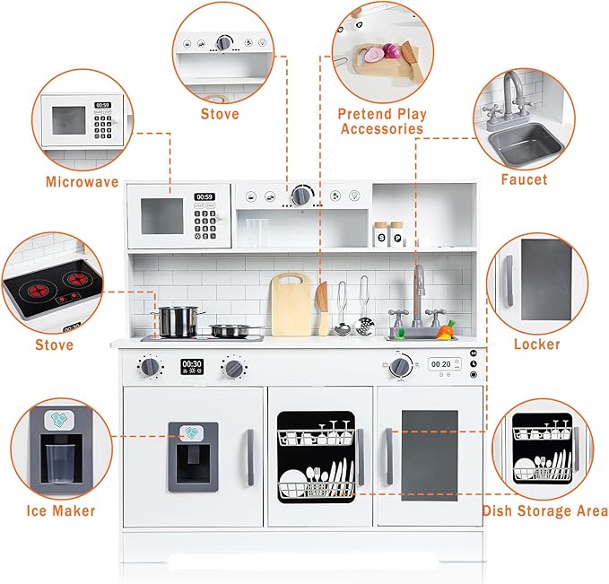 Wooden Play Kitchen Set, Kitchen Playset with Cookware Accessories, Microwave, Oven, Sink, Real Lights & Sounds - Perfect for Chef Pretend Play