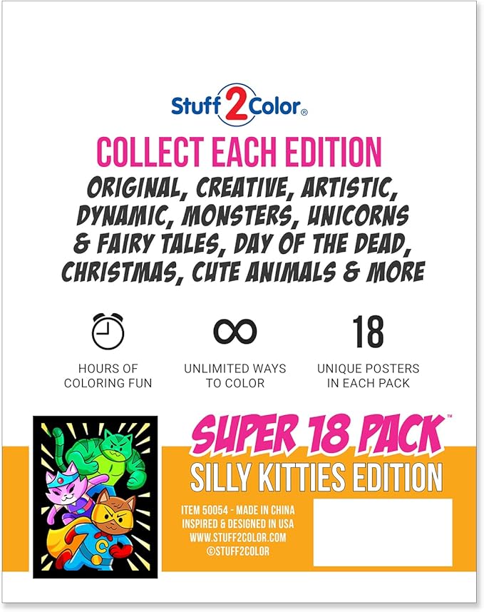 Super Pack of 18 Fuzzy Coloring Posters (Silly Kitties Edition) - Arts & Crafts for Kids, Toddlers, Girls, Boys & Adults - Great for Family Fun Activities or Coloring with Friends (1 Pack)