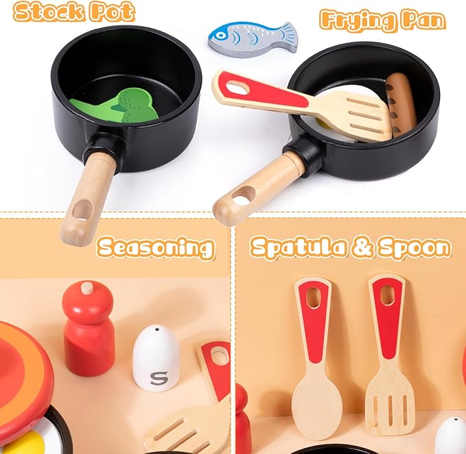 Wooden Play Kitchen Accessories for Toddlers, Kids Pretend Play Pots and Pans Food Cooking Toy, 11 Pieces Montessori Kitchen Tools Gifts for Boys Girls Ages 3 4 5 6 Years Old