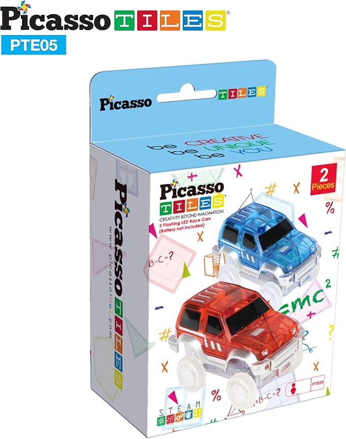 PicassoTiles 2pcs Magnetic Toy Car Set Highly Detailed Compatible with Magnet Race Track STEM Truck Replacement Accessories Educational Construction Building Kits for Toddlers Boys & Girls Ages 3+