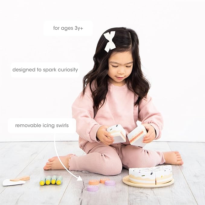 Pearhead Celebration Montessori Birthday Cake Toy Set, Wooden Play Toys for Developmental Learning, Play Kitchen Sets for Toddlers Ages 3+ Years, Pretend Play Food Sets, 14 Piece Wooden Play Toy Set