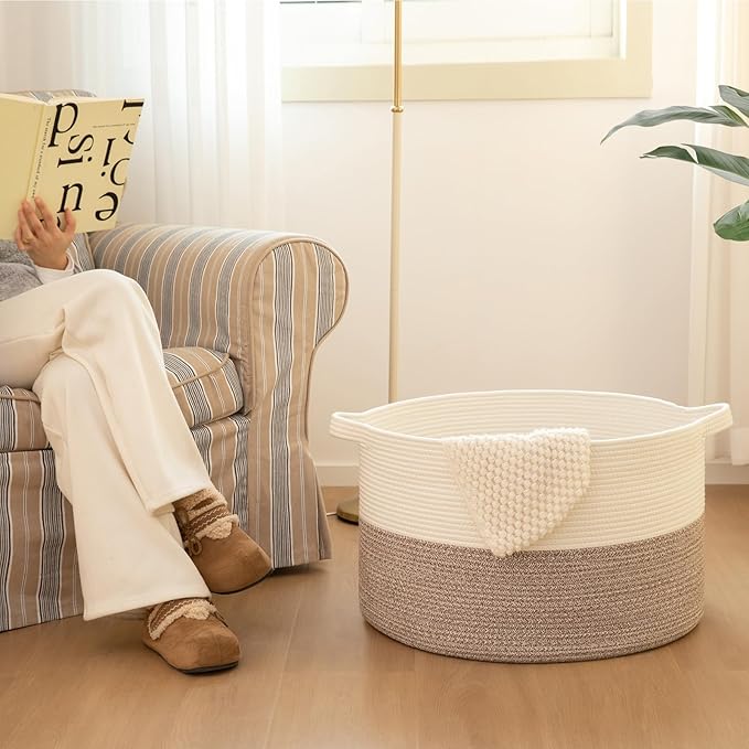 OIAHOMY Large Blanket Basket for Living Room, 19.7" x 12.6" Woven Cotton Rope Laundry Basket for Organizing Pillows, Decorative Stuffed Animal Toy Storage Bin for Nursery, White and Linen Brown