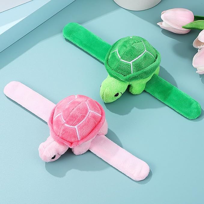 TOYANDONA 2PCS Animal Slap Bracelets for Kids, Stuffed Animal Plush Slap Bracelets Bulk, Plush Turtle Wrist Slap Band Toy for Girls Boys Birthday Party Favors
