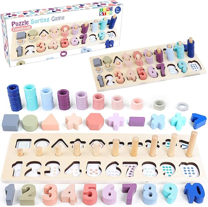 CozyBomB Montessori Educational Wooden Shape & Number Puzzle Blocks - Preschool Learning Toys for Boy & Girl (Macaron)