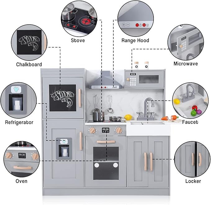 Wooden Play Kitchen with Cookware Accessories, Wooden Chef Pretend Play Set with, Wooden Cookware Pretend with Microwave, Oven, Sink, Real Lights & Sounds, Grey (201GA)