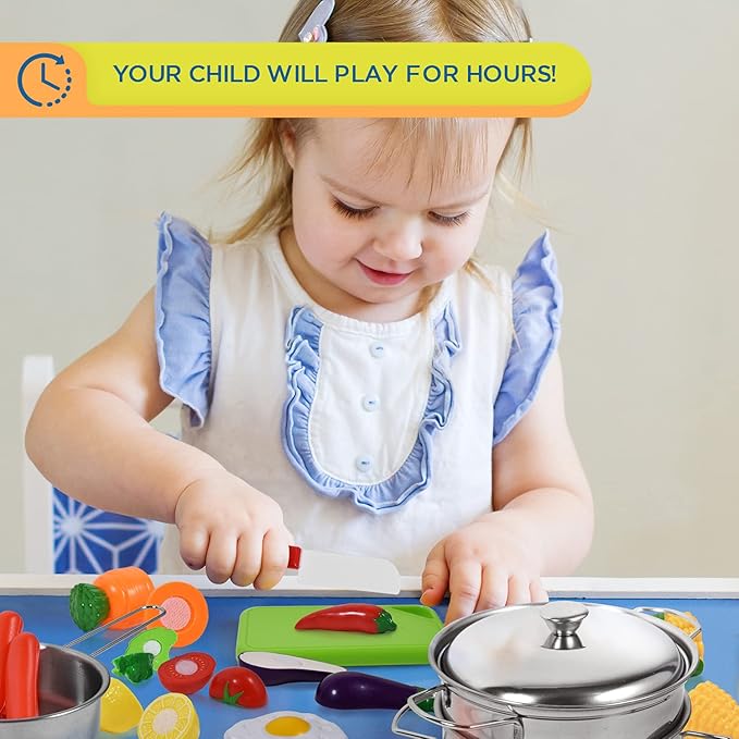 FUNERICA Play Food and Realistic Stainless-Steel Pots and Pans and Utensils - Cutting Fake Food and Pretend Toy Kitchen Accessories Cooking Toy Playset for Toddlers and Kids