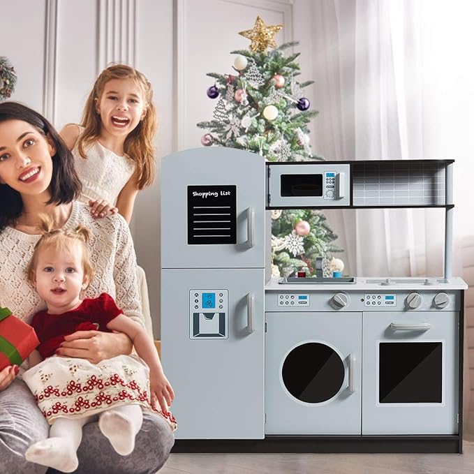 Costzon Kids Kitchen Playset, Wooden Pretend Play Toy Set with Realistic Sound, Microwave, Oven, Washing Machine, Refrigerator, Sink, Play Kitchen for Toddlers, Gift for Boys Girls Age 3+