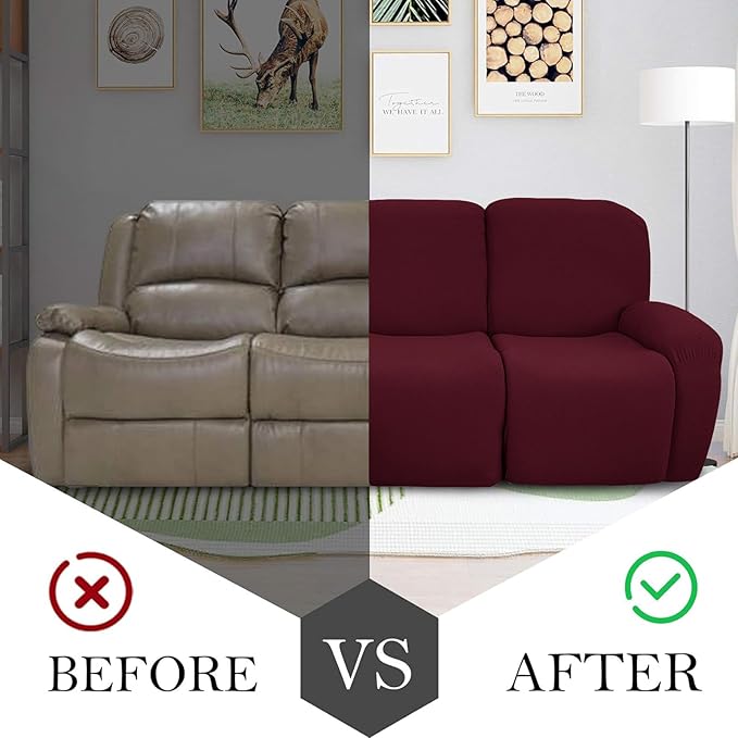JIVINER 8-Piece Recliner Sofa Covers Stretch Jacquard Couch Covers for Recliner Slipcovers for Living Room 3 Cushion Soft Recliner Protector with Pocket (Sofa Recliner, Wine Red)
