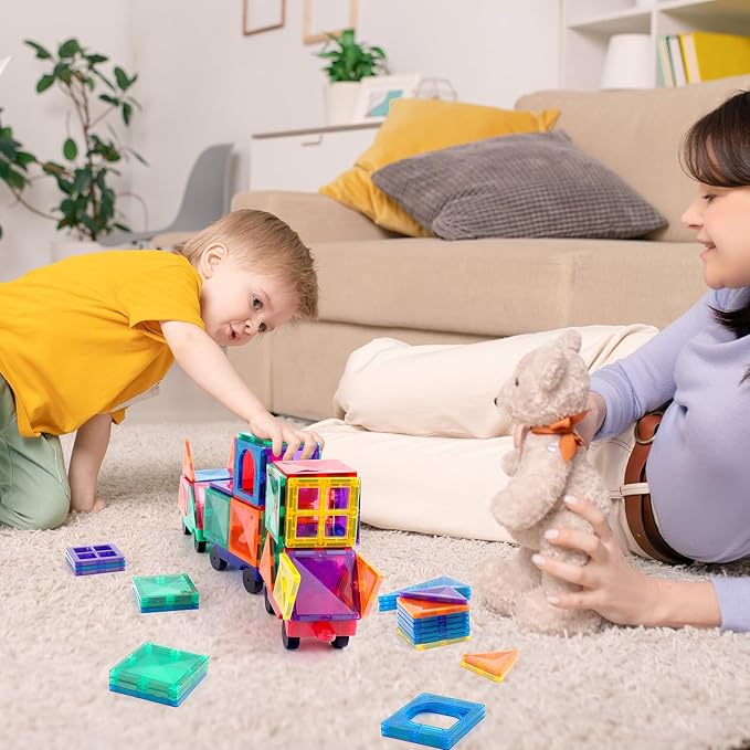 Magnetic Tiles Cars Construction Set - 4 PCS Magnetic Tiles Magnet Bricks Truck Sensory Toys, Educational Magnetic Cars Set Magnet Building Blocks for 3 4 5 6 7 8+ Year Old Girls Boys