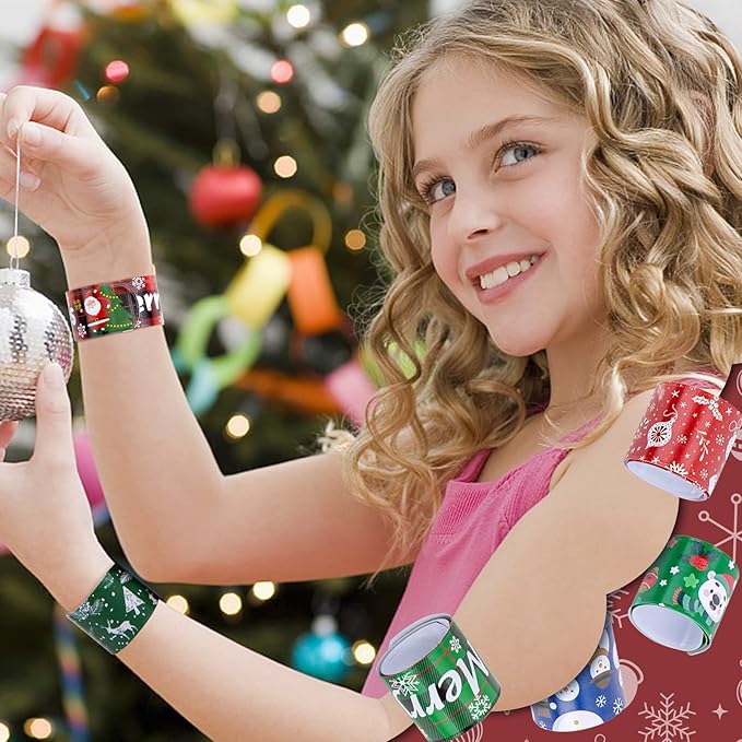 MCPINKY Christmas Slap Bracelets, 48PCS Slap Wristbands Bulk 12 Different Christmas Styles Snap Wristbands for Boys Girls Christmas Party Favors